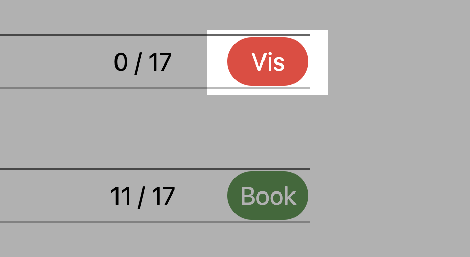 Booking-oversigten med “Vis”-knappen fremhævet ud for et hold