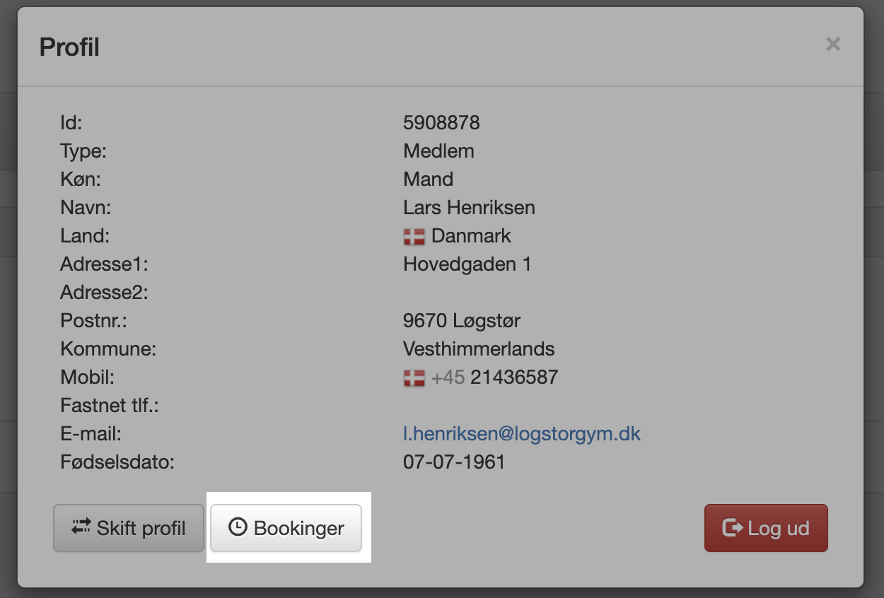 Profilvinduet med “Bookinger”-knappen fremhævet