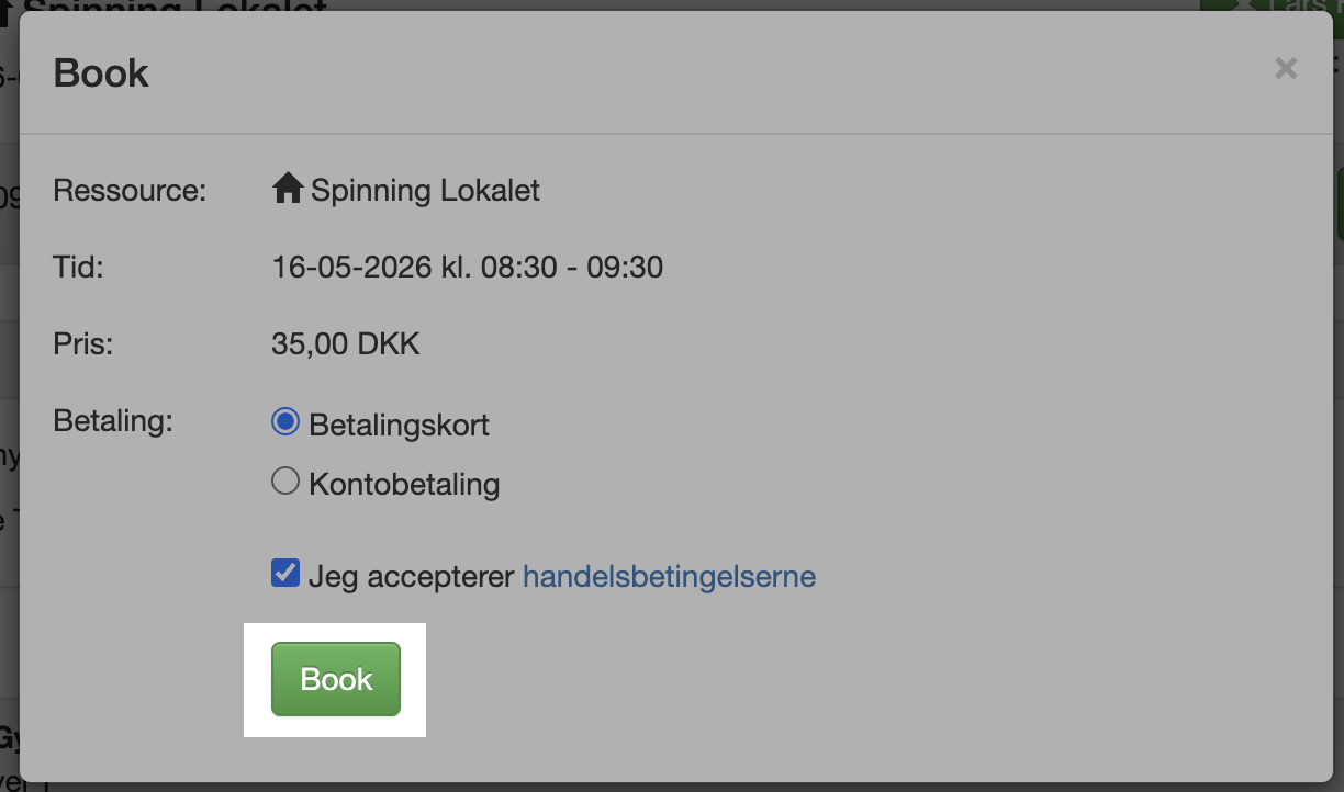 Betalingssiden med de to betalingsmetoder og &ldquo;Book&rdquo;-knappen fremhævet