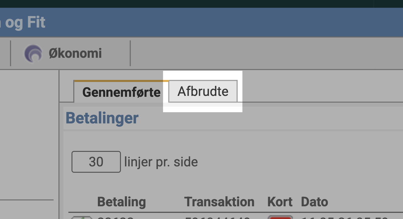 Fanebladene &ldquo;Gennemførte&rdquo; og &ldquo;Afbrudte&rdquo; — &ldquo;Afbrudte&rdquo; er fremhævet