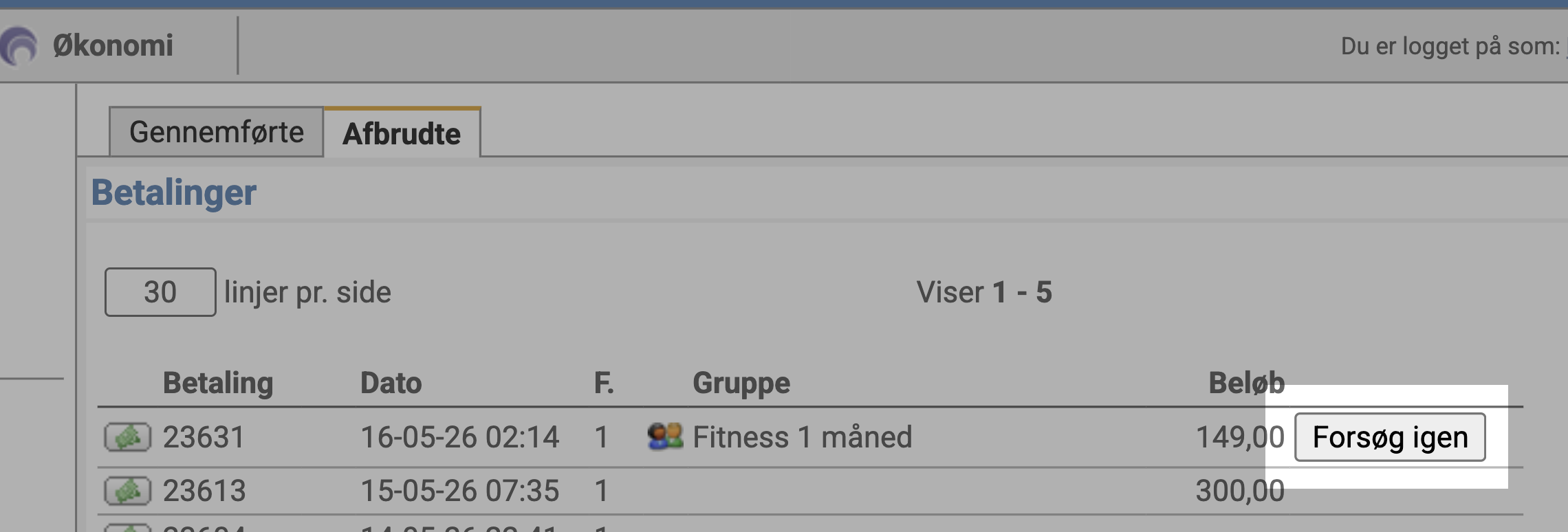 Listen over afbrudte betalinger med betalingen &ldquo;Fitness 1 måned&rdquo; og knappen &ldquo;Forsøg igen&rdquo; fremhævet