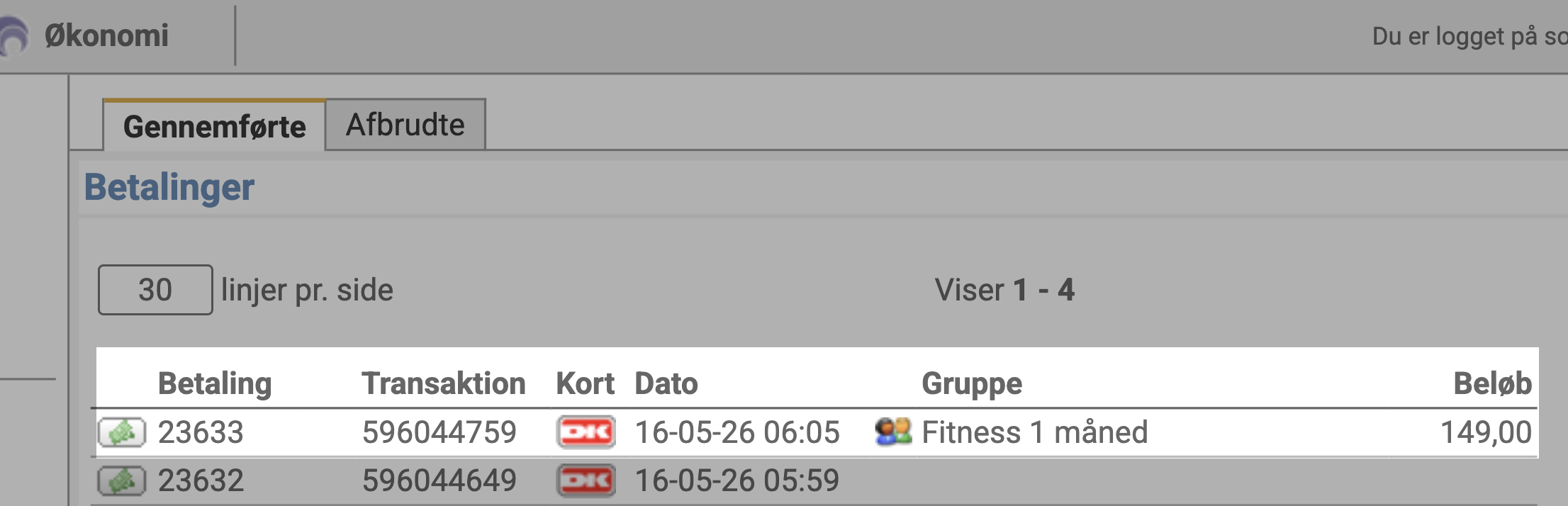 Fanebladet &ldquo;Gennemførte&rdquo; med den gennemførte fitnessabonnement-betaling fremhævet