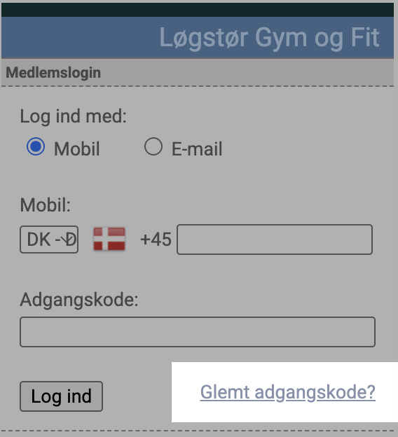 Login-siden med “Glemt adgangskode?"-linket fremhævet