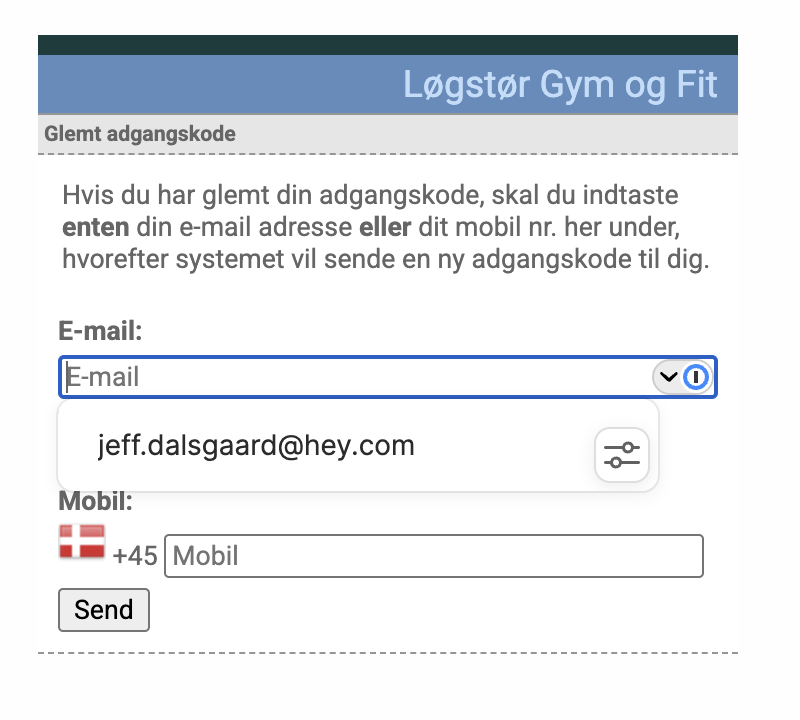 Siden “Glemt adgangskode” med to felter: e-mail øverst og mobilnummer nederst, begge med “Send”-knap