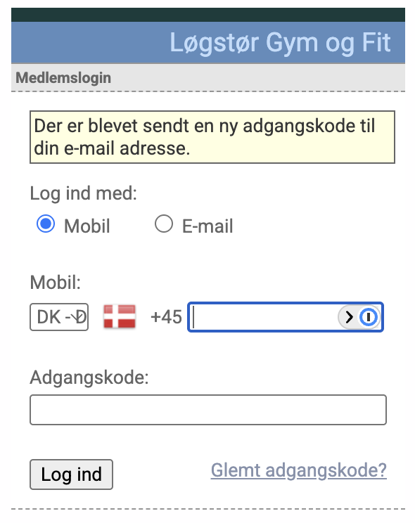 Login-siden med den gule bekræftelsesbesked øverst fremhævet