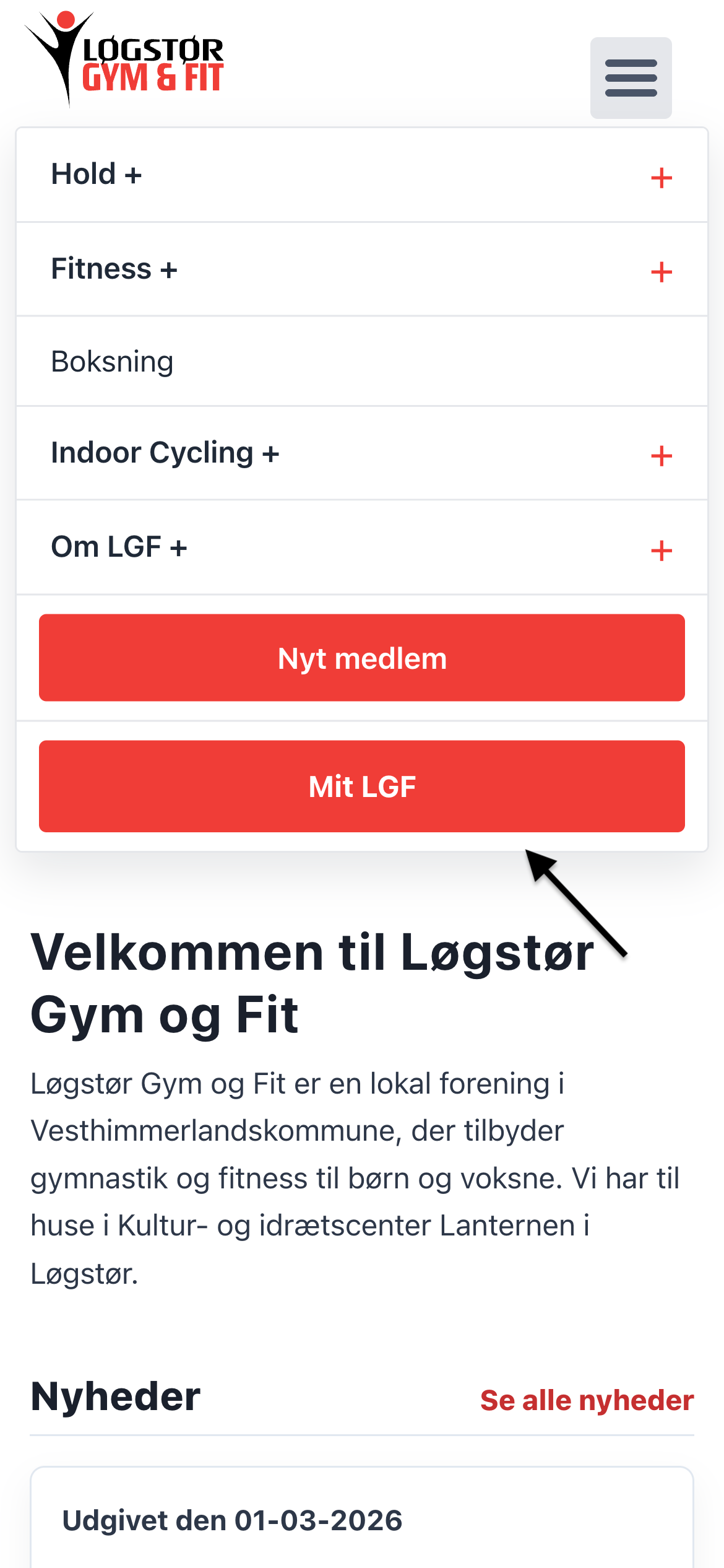 Mobilmenuen foldet ud med “Mit LGF”-knappen fremhævet nederst