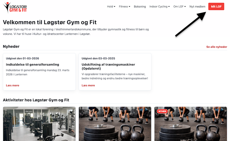 Knappen “Mit LGF” fremhævet øverst til højre i topmenuen på logstorgym.dk