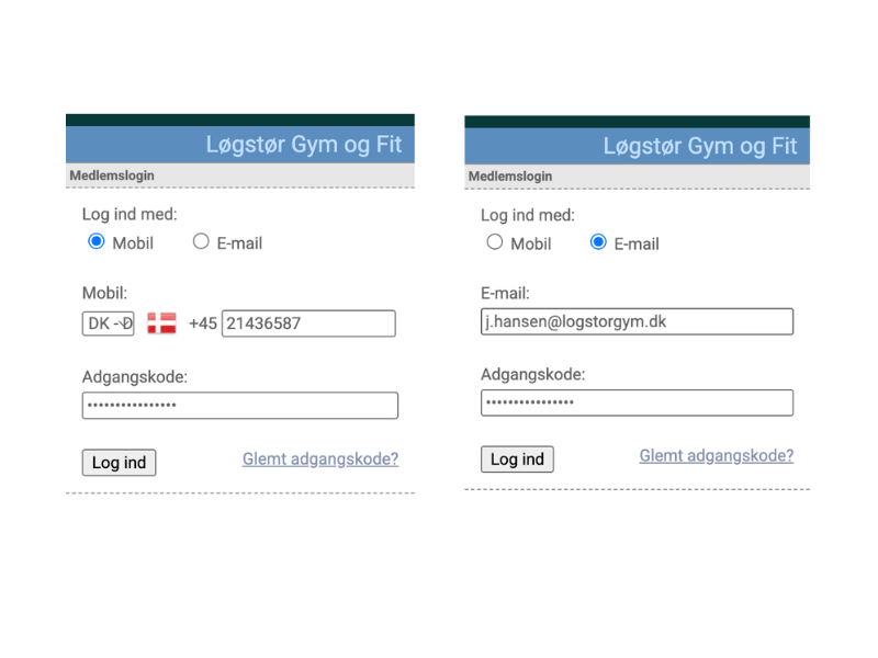 Login-siden viser to muligheder: “Mobil” til venstre og “E-mail” til højre — begge med adgangskode-felt og “Log ind”-knap