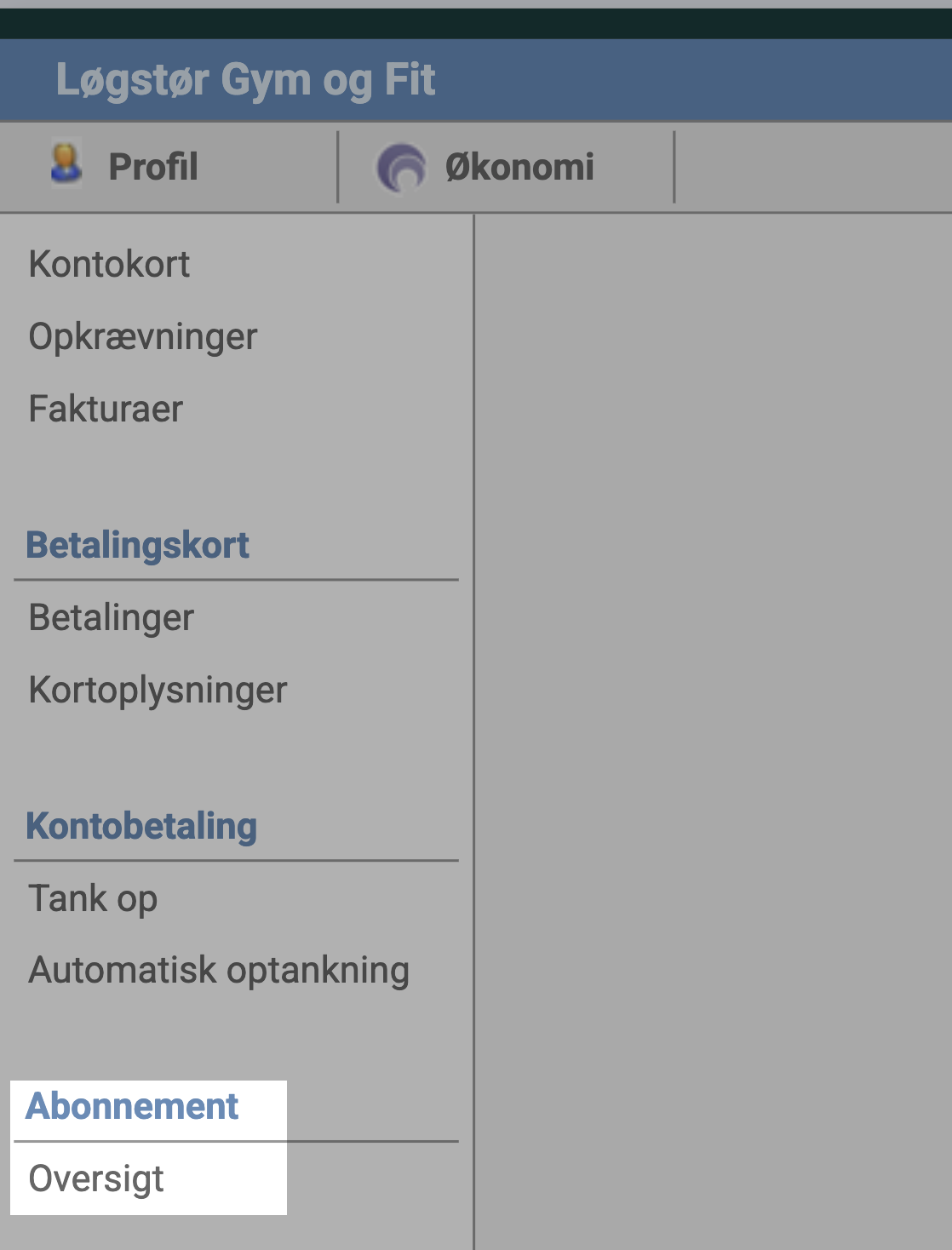 Venstre menu med sektionen “Abonnement” og menupunktet “Oversigt” fremhævet