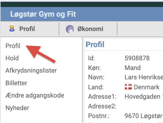 Venstre menu med “Profil” fremhævet