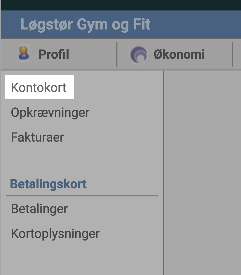 Venstre menu med menupunktet “Kontokort” fremhævet
