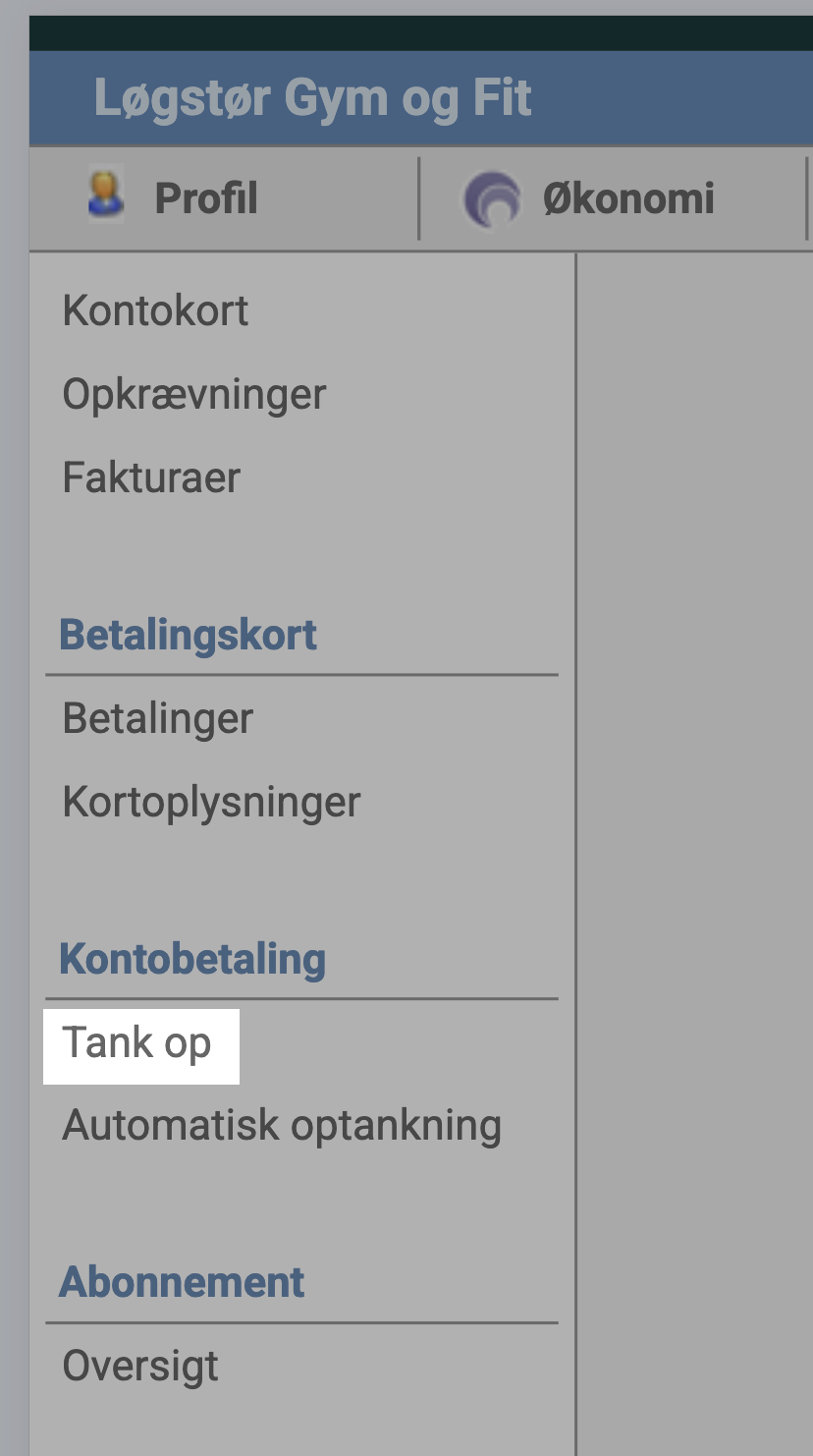 Venstre menu med &ldquo;Tank op&rdquo; under &ldquo;Kontobetaling&rdquo; fremhævet