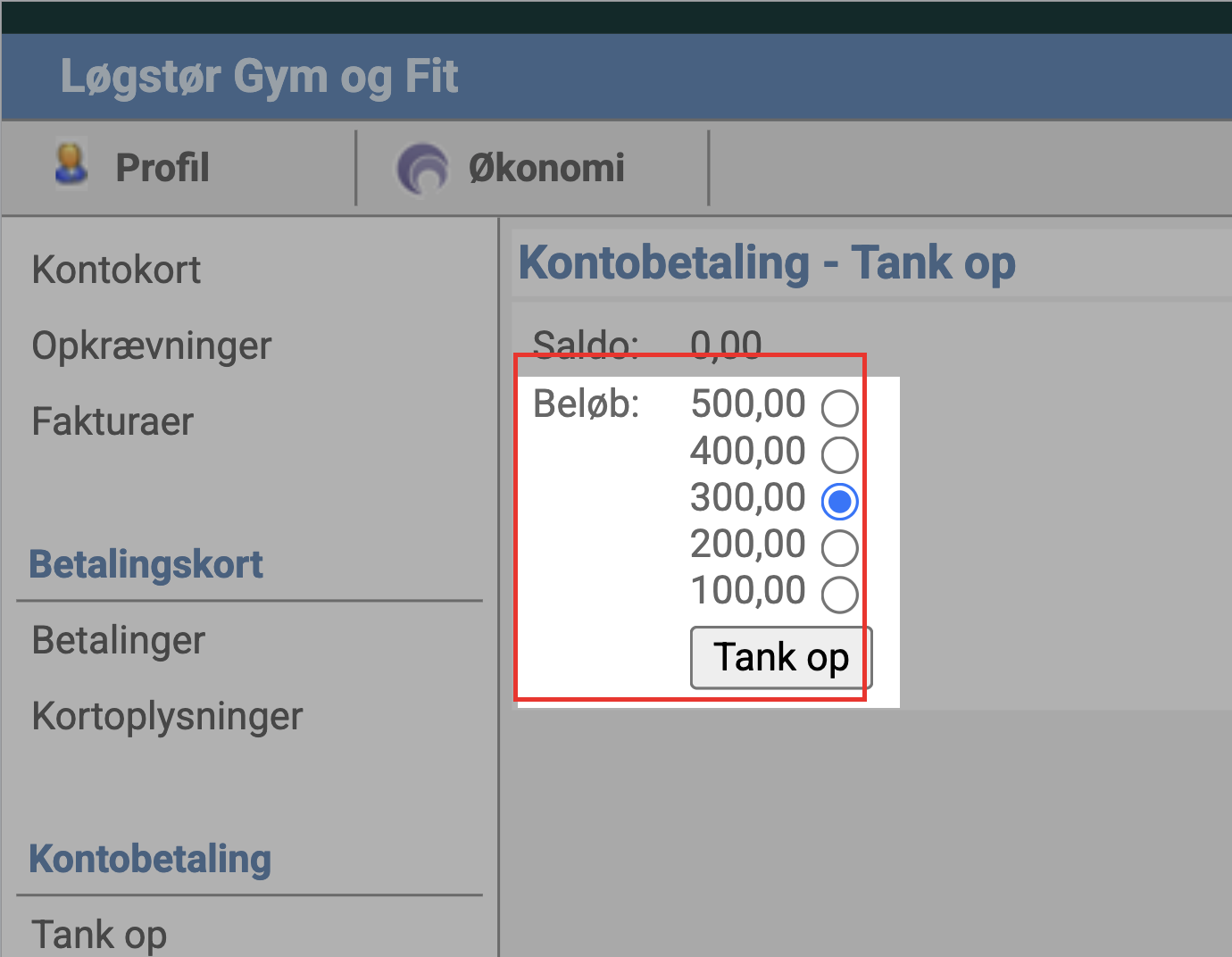 Siden med beløbsvælger og &ldquo;Tank op&rdquo;-knappen fremhævet